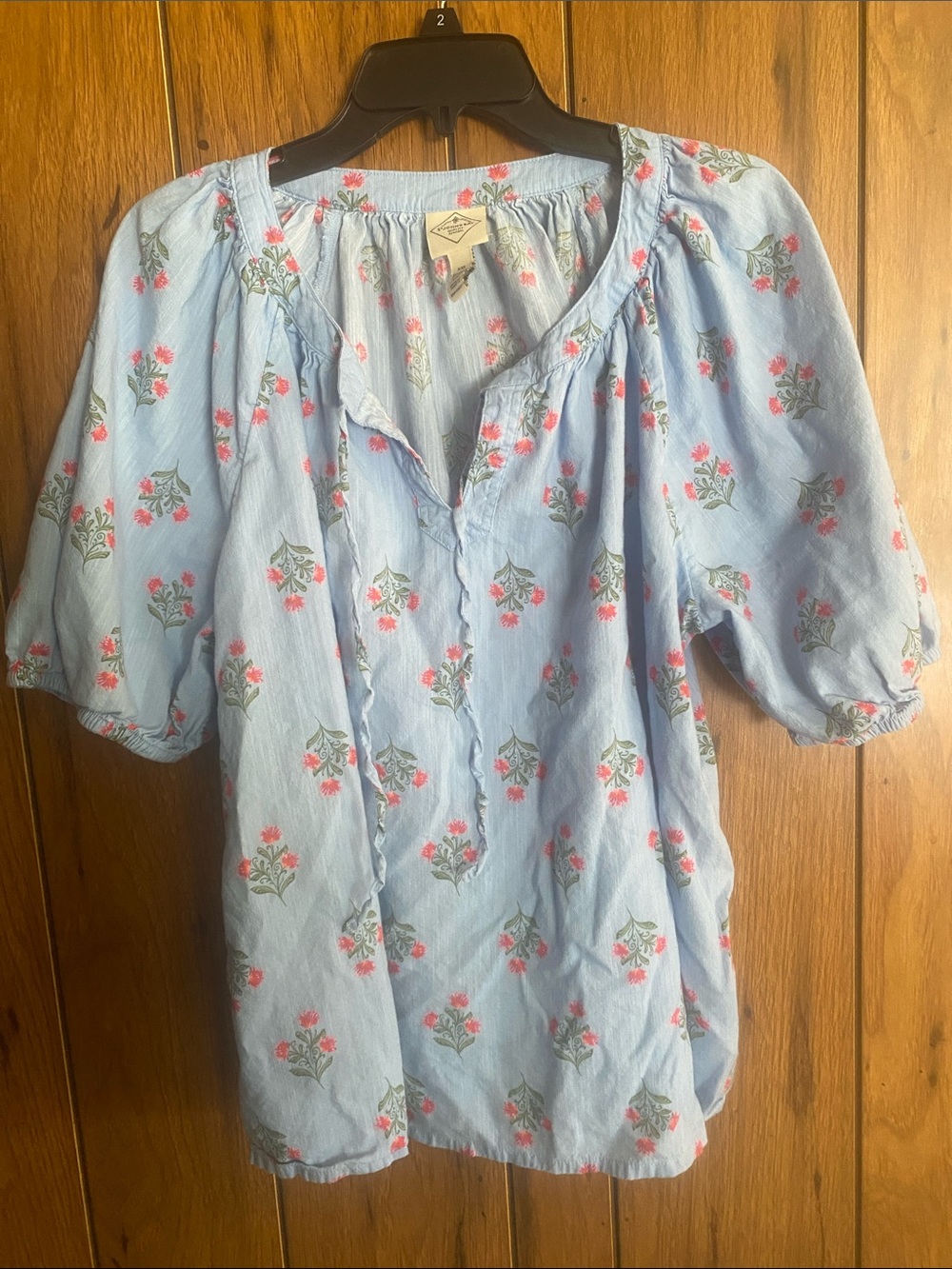 St. John's Bay Light Blue Floral Peasant Blouse with Pink Blooms